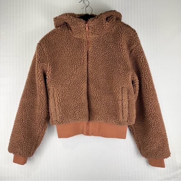 Fabletics Summit Tan Teddy Sherpa Hooded Jacket Women Size Small Cropped Fleece - Picture 1 of 7